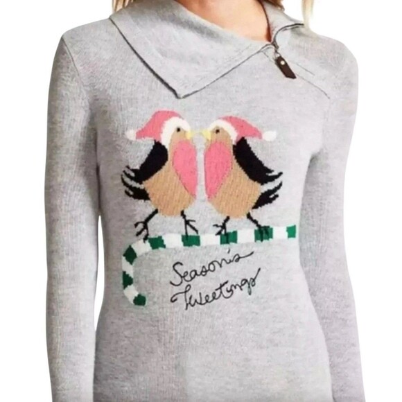 Talbots Women Sweater Medium Soft Gray "Seasons Tweetings" Birds Long Sleeve - Picture 2 of 8